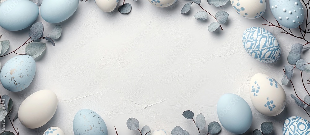 Fototapete frame composed of easter eggs and eucalyptus branches on a grey background. with copy space image. p