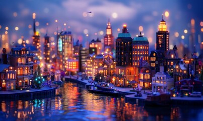Fototapeta premium A miniature city lit by night.