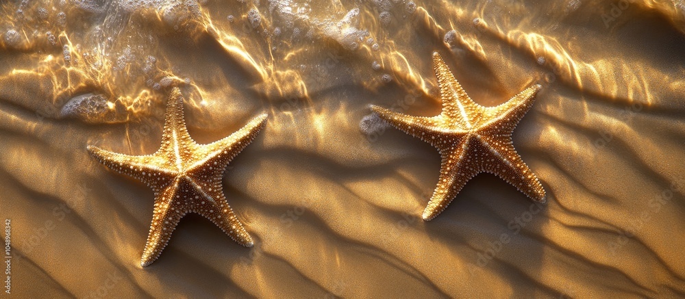 Poster Two starfish on the beach among windswept sand ripples. with copy space image. Place for adding text or design