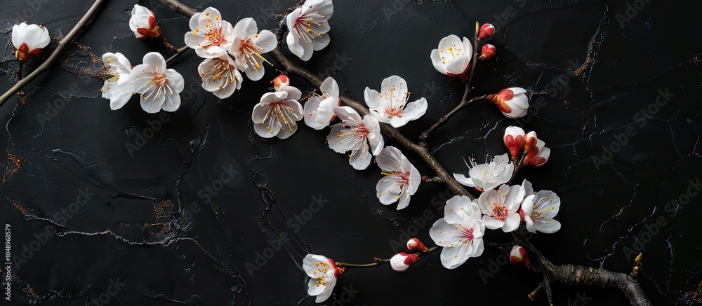 Poster apricot blossoms on a black background top view. with copy space image. place for adding text or des