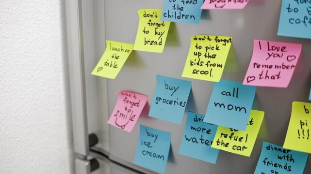Vibrant Sticky Notes Filling Fridge Door With Reminders and To-Do Lists, Showcasing Everyday Tasks and Loving Messages in an Organized, Colorful Manner