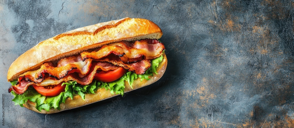 Aufkleber fresh baguette sandwich in bahn mi style bacon roasted cheese tomatoes and lettuce on a metallic bac