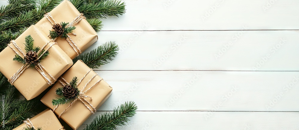 Poster christmas gift boxes adorned with a pine branch on a white wooden table background. with copy space 