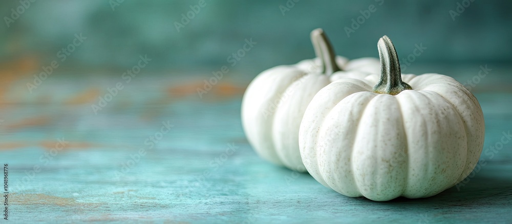 Aufkleber Front view of two small white mini fall pumpkins on a rustic blue green table for autumn Selective focus with a blurred foreground and background. with copy space image