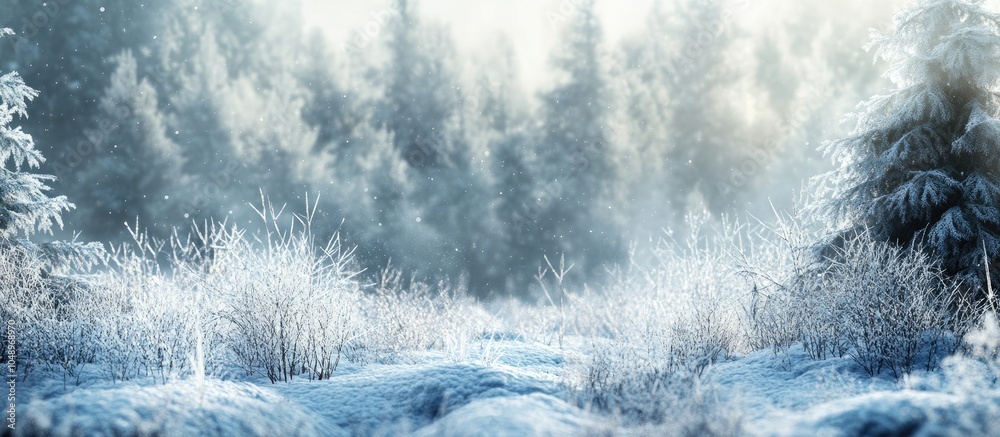 Leinwandbilder frosty grass covered in snow in a winter forest. with copy space image. place for adding text or des
