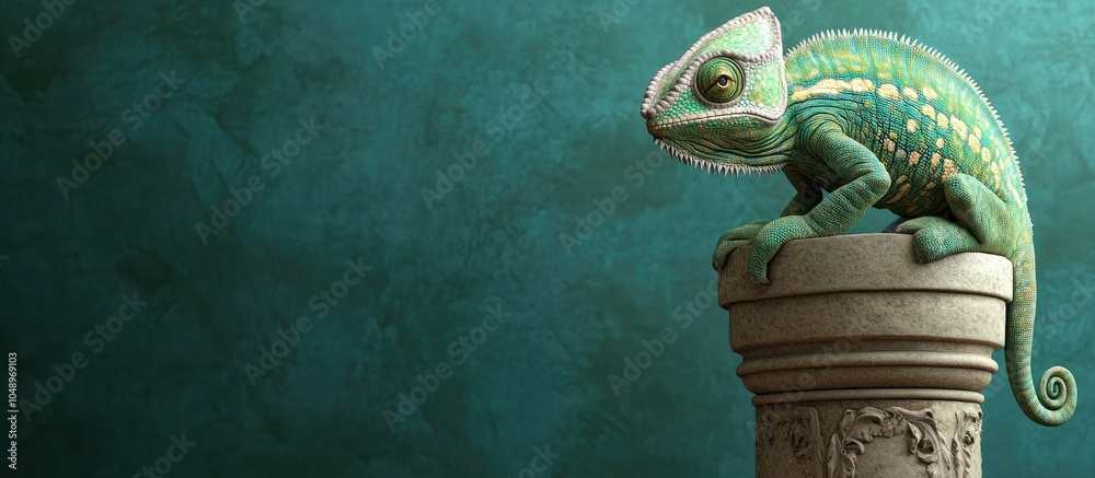 Poster Chameleon perched on a pillar with a green backdrop. with copy space image. Place for adding text or design