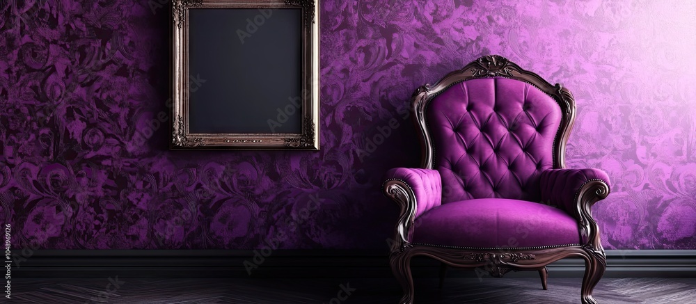 Poster vintage luxury armchair and frame in a room with purple wallpaper. with copy space image. place for 