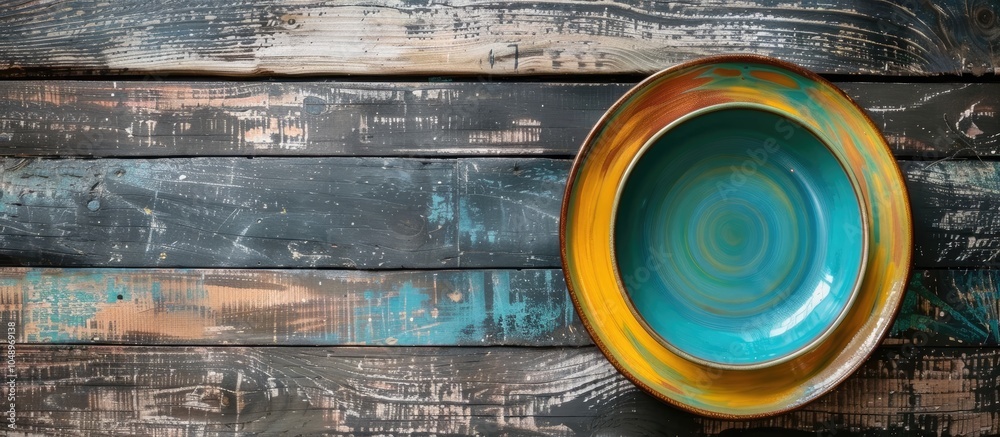 Fototapete Top view of a vacant colorful plate on a wooden surface Blank space for your design. with copy space image. Place for adding text or design