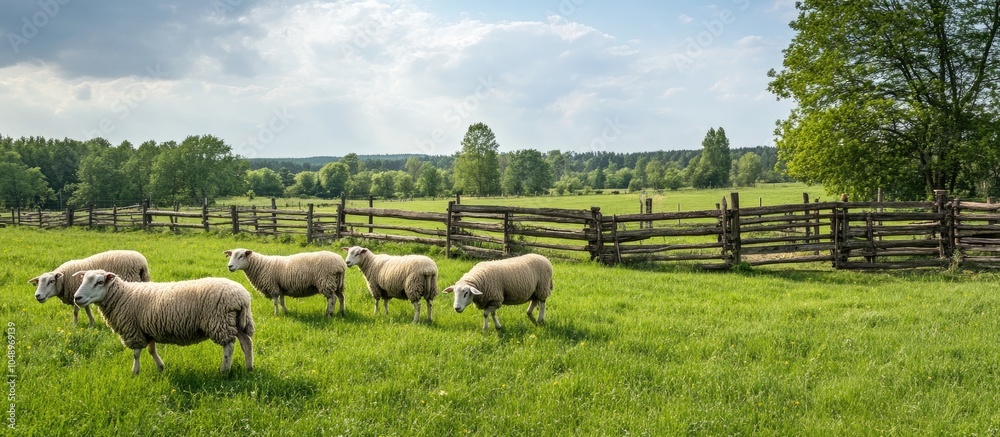 Poster Sheep grazing in a green pasture close to a wooden corral in the countryside. with copy space image. Place for adding text or design