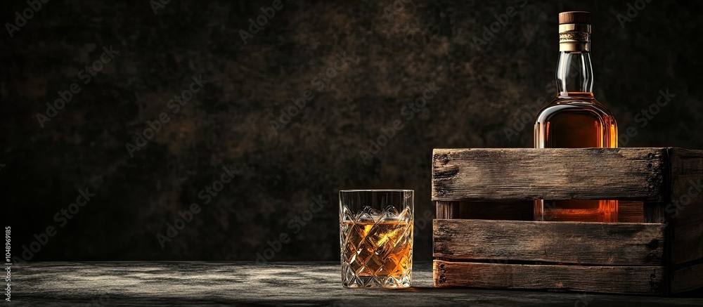 Fototapete Whiskey in a glass and bottle beside a wooden crate on a dark table with a black background Space for text. with copy space image. Place for adding text or design