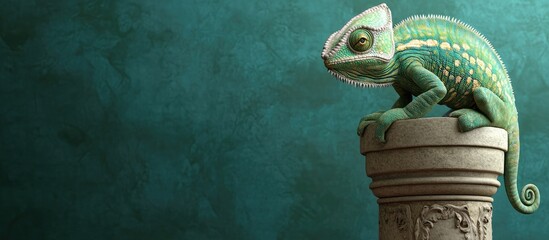 Fototapeta premium Chameleon perched on a pillar with a green backdrop. with copy space image. Place for adding text or design