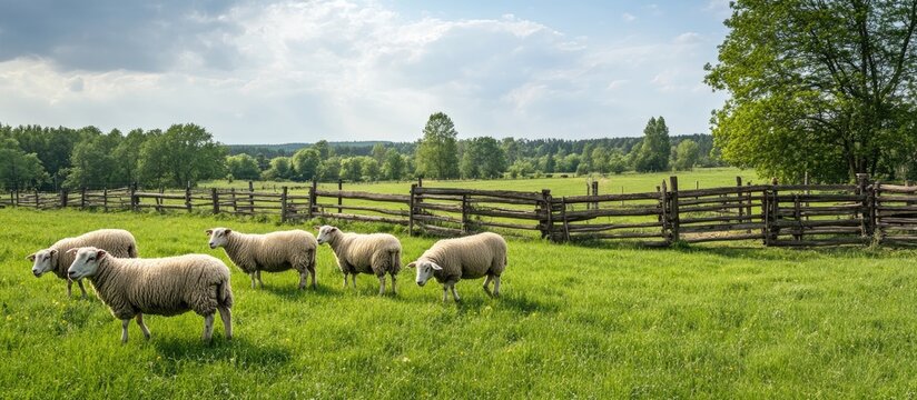 Sheep grazing in a green pasture close to a wooden corral in the countryside. with copy space image. Place for adding text or design