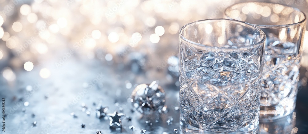 Poster banner featuring crystal glasses and star confetti on a silver background. with copy space image. pl