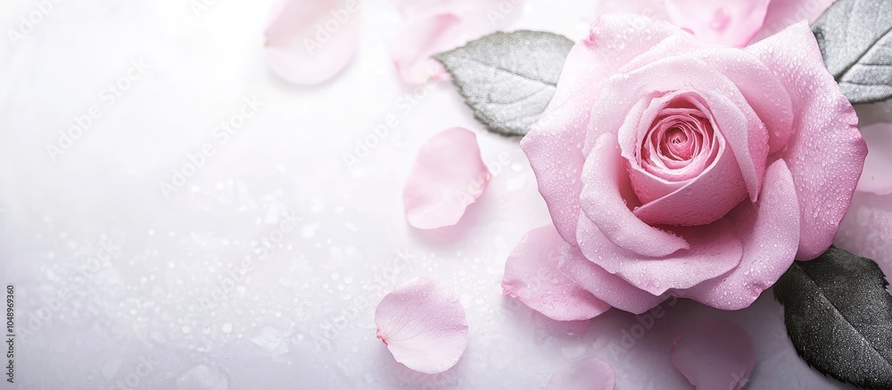 Leinwandbilder pink rose in autumn on a white background accompanied by a blurred image of printed monotone roses. 