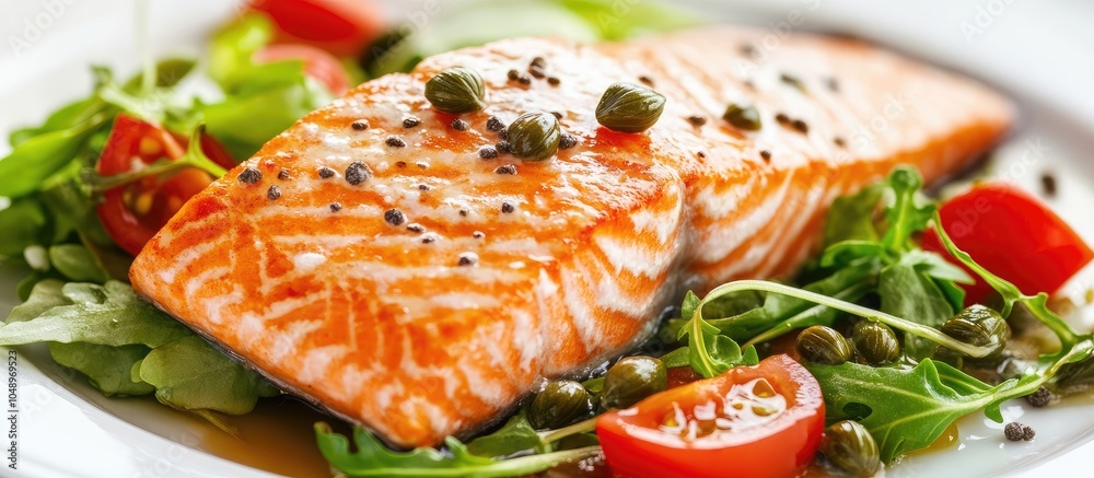 Aufkleber Closeup of delicious cooked salmon with capers and salad presented on the table. with copy space image. Place for adding text or design