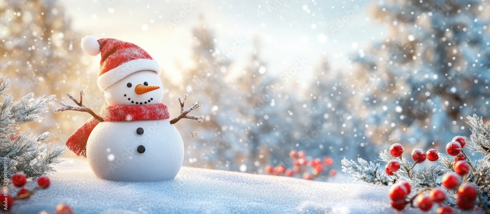Poster a snowman in his winter wonderland is anticipating christmas. with copy space image. place for addin