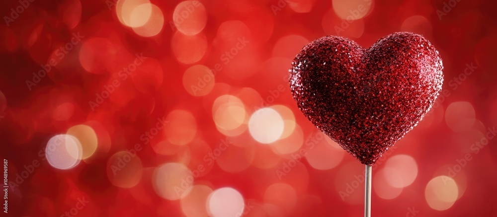 Aufkleber Wooden decorative heart on a stick Area for text on the right Red background with bokeh Concept of Valentine s Day and love. with copy space image. Place for adding text or design