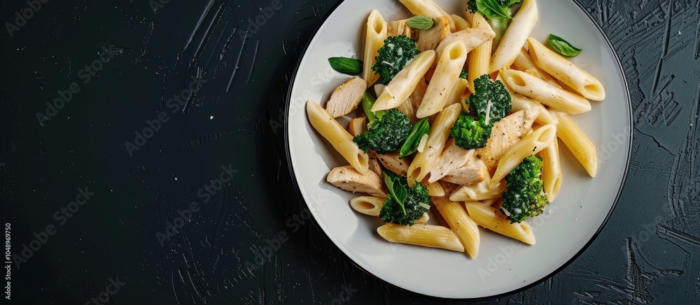 Aufkleber Homemade Penne Alfredo pasta with chicken and broccoli on a plate against a black background top view Overhead flat lay from above Copy space