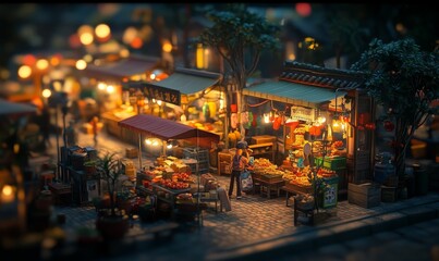 Naklejka premium Night market scene with food stalls and a lone shopper.