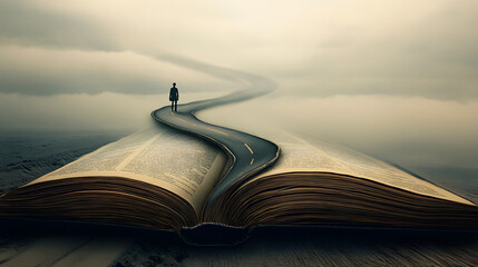 A surreal journey begins from an open book along a winding road disappearing into the mist at dawn