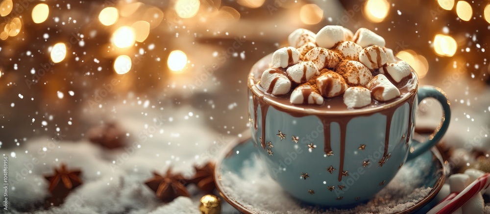 Poster hot chocolate in a vintage cup topped with marshmallows and spices set against a snowy backdrop with