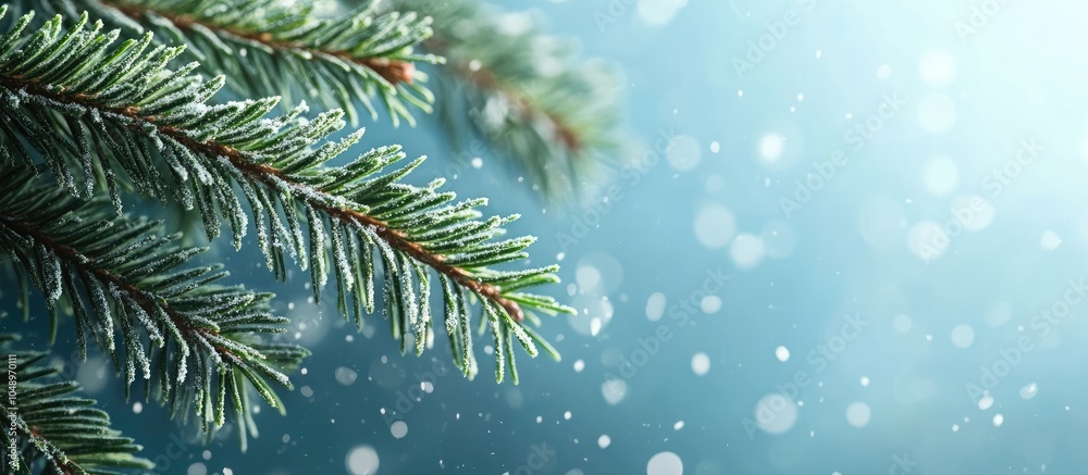 Poster Winter theme A green pine branch is set against a blue background Happy New Year. with copy space image. Place for adding text or design
