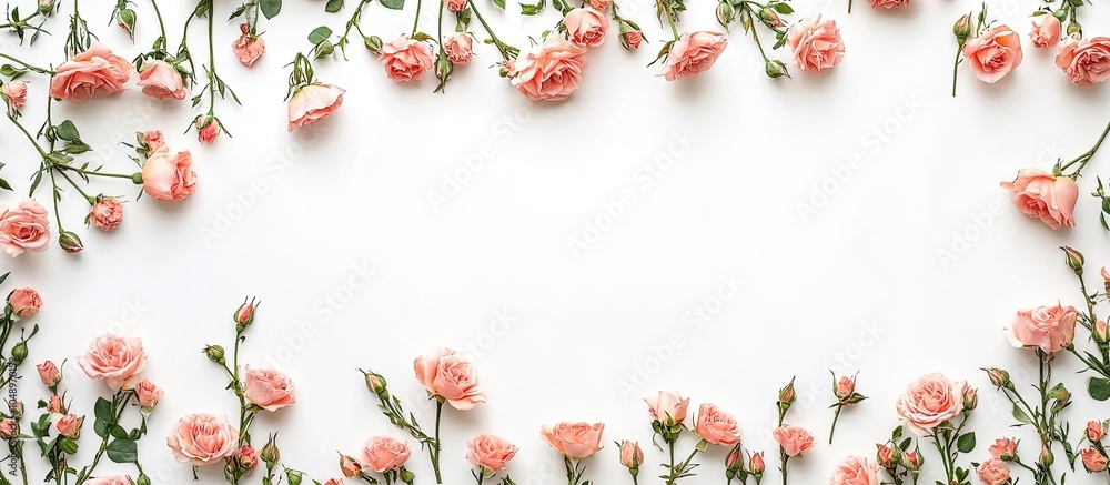 Poster composition of flowers a frame created from rose flowers on a white background flat lay top view cop