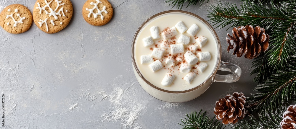 Fototapete Christmas white drink eggnog with marshmallows in a glass mug on a grey background with spruce branches and cookies top view. with copy space image. Place for adding text or design