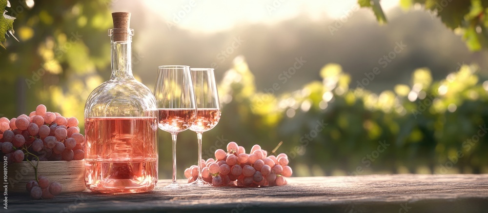 Aufkleber Rose wine in a decanter alongside glasses and grapes Set outdoors in the vineyard With space for your text. with copy space image. Place for adding text or design