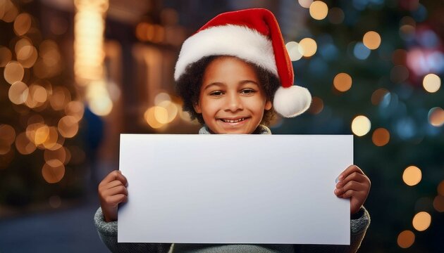 child in santa hat holding a blank sign