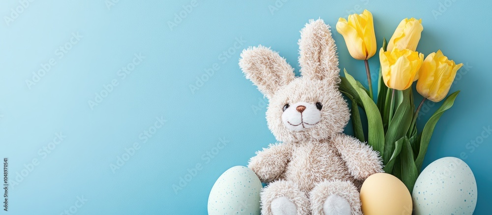 Poster easter arrangement featuring an adorable teddy rabbit toy yellow tulips and a large egg against a bl