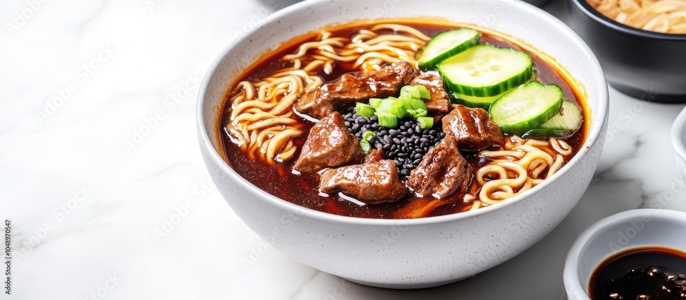 Leinwandbilder jajang myeon or jjajangmyeon is a korean noodle dish served with black bean sauce accompanied by cuc