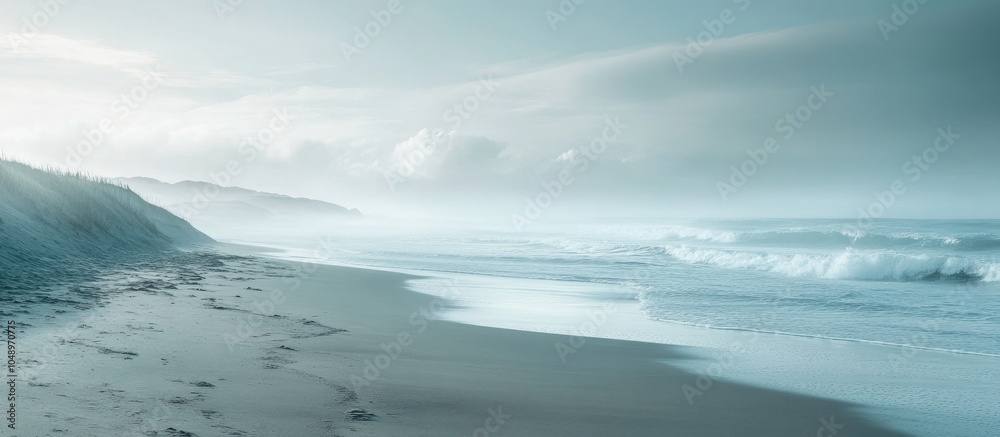 Aufkleber Misty shoreline view at a beach. with copy space image. Place for adding text or design