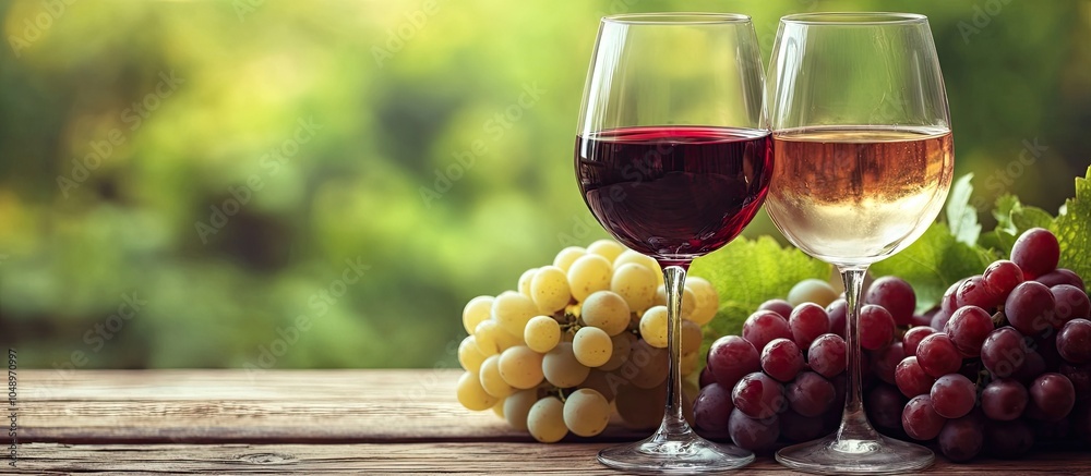 Fototapete close up of red and white wine glasses with grapes on a wooden table. with copy space image. place f