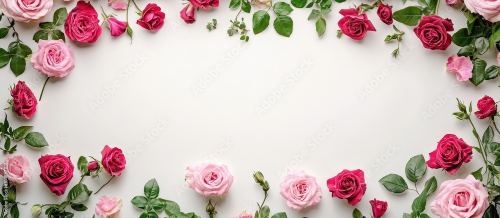 Poster composition of flowers a frame created from rose flowers on a white background flat lay top view cop
