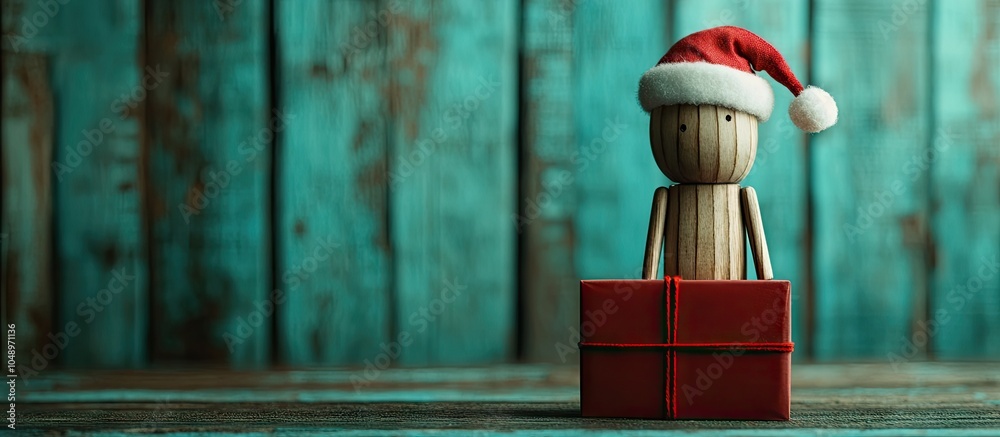 Poster a wooden figure wearing a santa hat is holding a gift in a red box. with copy space image. place for