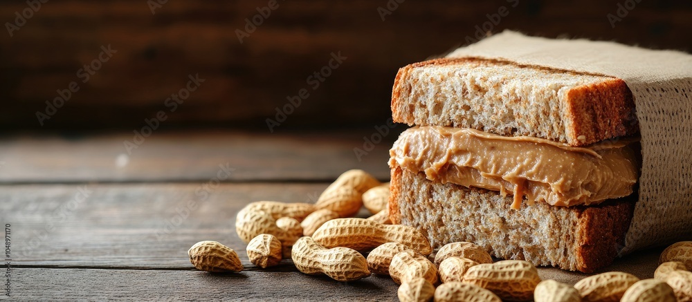 Aufkleber tasty peanut butter sandwich on a wooden surface alongside peanuts. with copy space image. place for