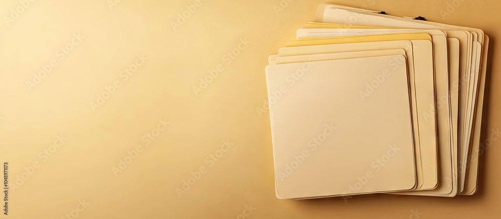 Poster Folder on the desktop and papers Top view. with copy space image. Place for adding text or design