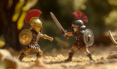 Two toy gladiators fight with swords and shields.