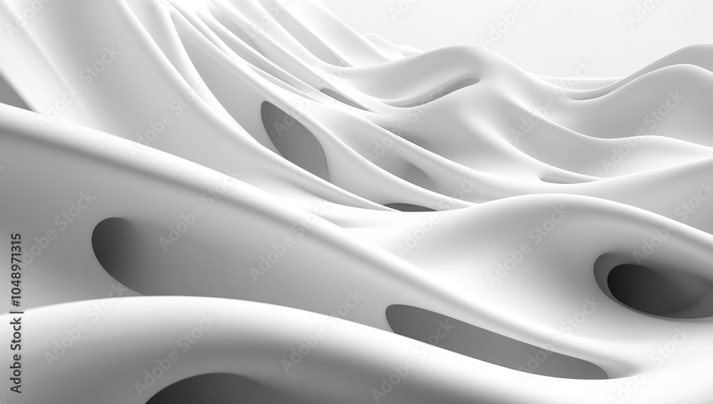 Poster white background with a parametric design, showcasing an abstract structure in the shape of waves