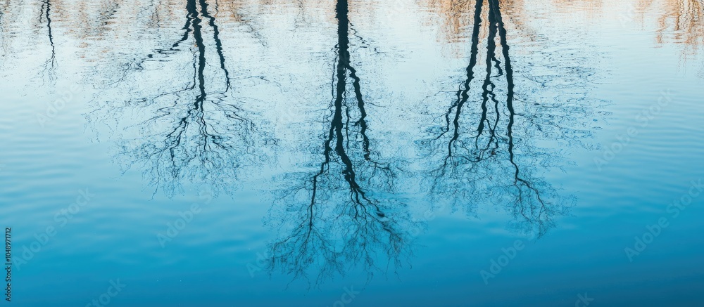 Sticker surface of blue pond water reflecting lifeless trees. with copy space image. place for adding text o