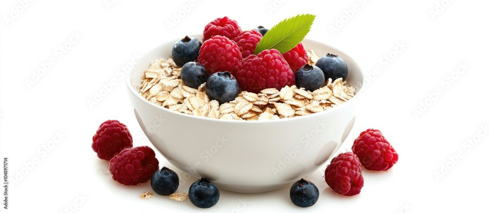 Poster A bowl of rolled oats topped with berries and milk isolated on a white background. with copy space image. Place for adding text or design