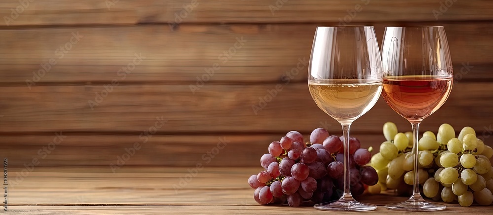 Leinwandbilder two glasses of wine one rose and one white are placed against a backdrop with a cluster of grapes al