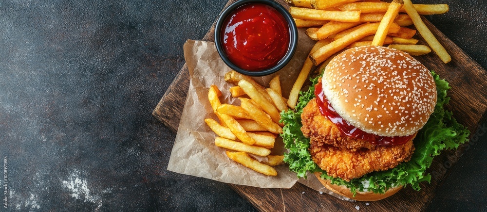 Leinwandbilder homemade chicken strips burger served with french fries and a sweet and sour sauce on a rustic board