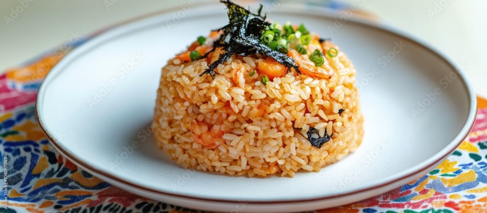 Leinwandbilder fried rice shaped in a round form on a white plate accompanied by a vibrant tablecloth toppings incl