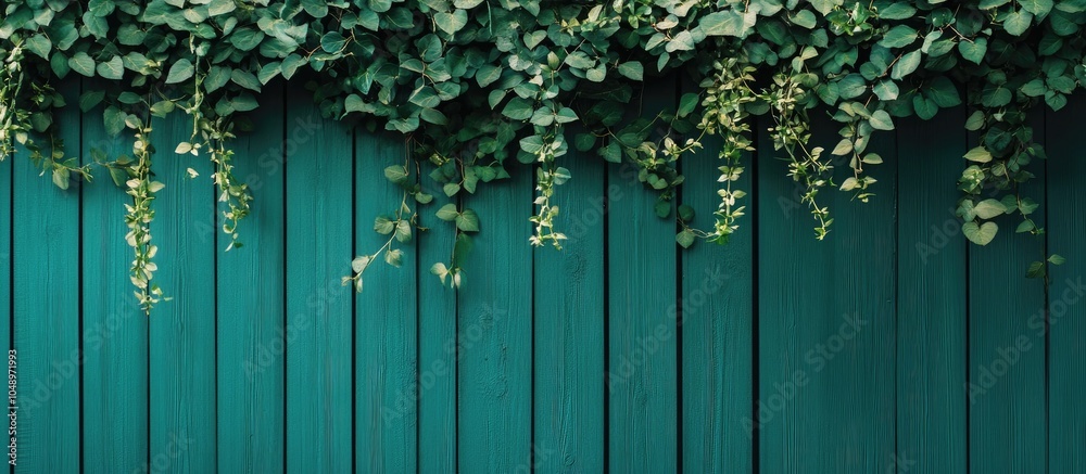 Aufkleber green fence adorned with hanging plants green wood texture abstract background empty template copy s