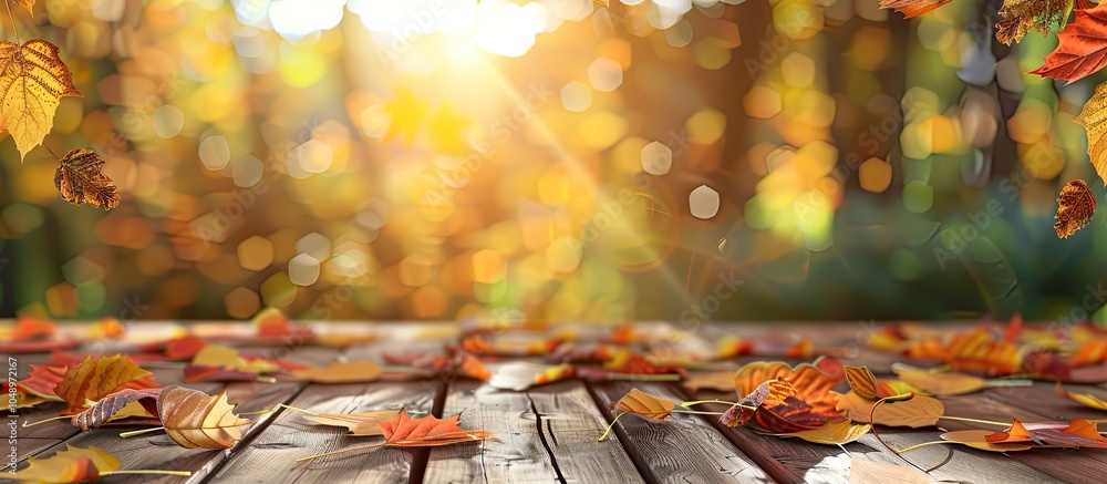 Fototapete Empty wooden surface with vibrant autumn leaves in a blurred background. with copy space image. Place for adding text or design