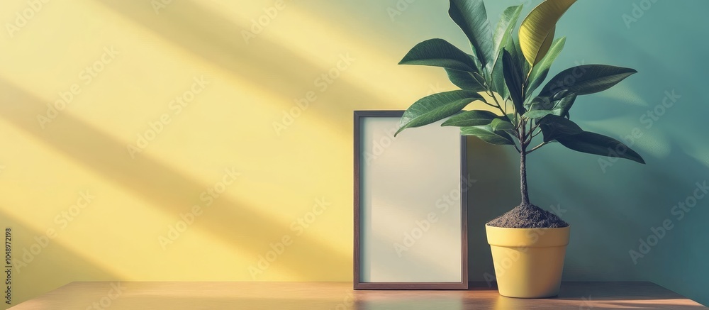 Aufkleber Potted citrus tree with an empty frame on a table against a colored background Room for text. with copy space image. Place for adding text or design