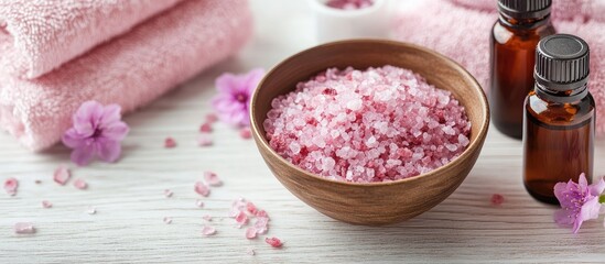 Spa or wellness Pink sea salt in a bowl bottles of essential oil towels and flowers on a white wooden surface Selective focus. with copy space image. Place for adding text or design