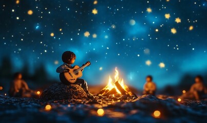 Naklejka premium Person playing guitar by campfire under starry sky.